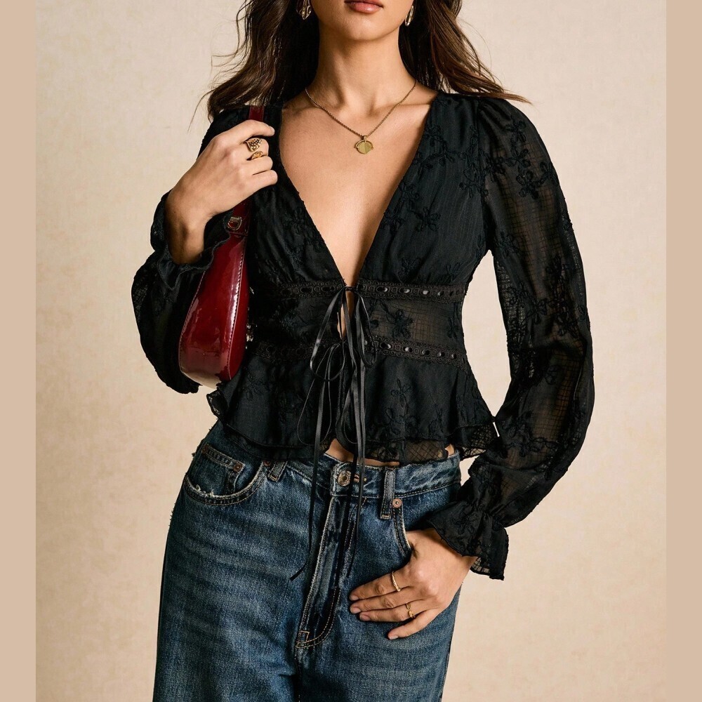 Black Embroidered Semi-sheer Deep V Neck Tie Front Peplum Blouse - Picture 2 of 8